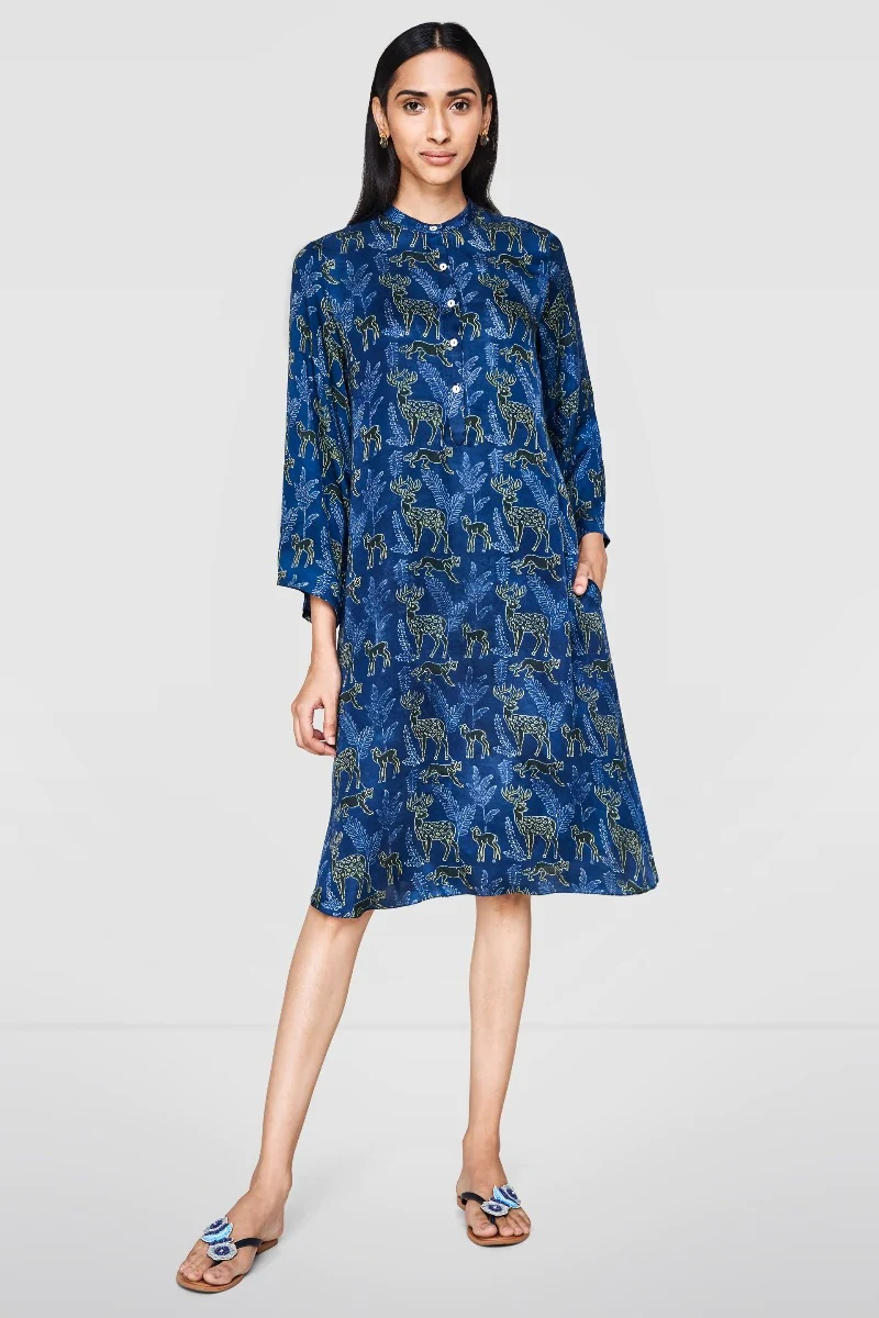 Ajrakh Hand Block Printing - Navy Blue Dress - H-line dress - anita dongre - fashion design- designer - charu creation blog - charu - indigo fabric - printed fabric - grassroot - label - summer dress - sustainable fashion - slow fashion - evening wear