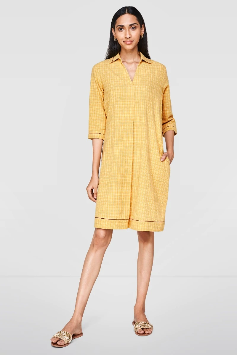 Malkha - malmal fabric - khadi fabric - chequered dress - yellow dress - check printed fabric - yellow chequered dress - grassroot - Anita Dongre - designer - label - fashion design - slow fashion - sustainable fashion - sustainable eco-friendly fabric